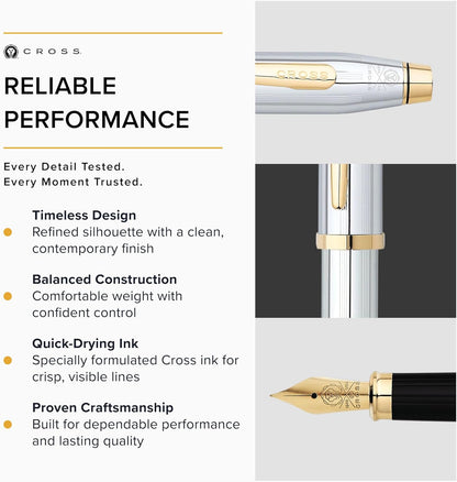 Cross Century II Refillable Click-Off Cap Metal Fountain Pen with 23 Carat Gold Plated Appointments, Medium Gold Nib, includes Premium Gift Box and 2 Black Cartridge Refills, 1 Pack, Medalist Chrome