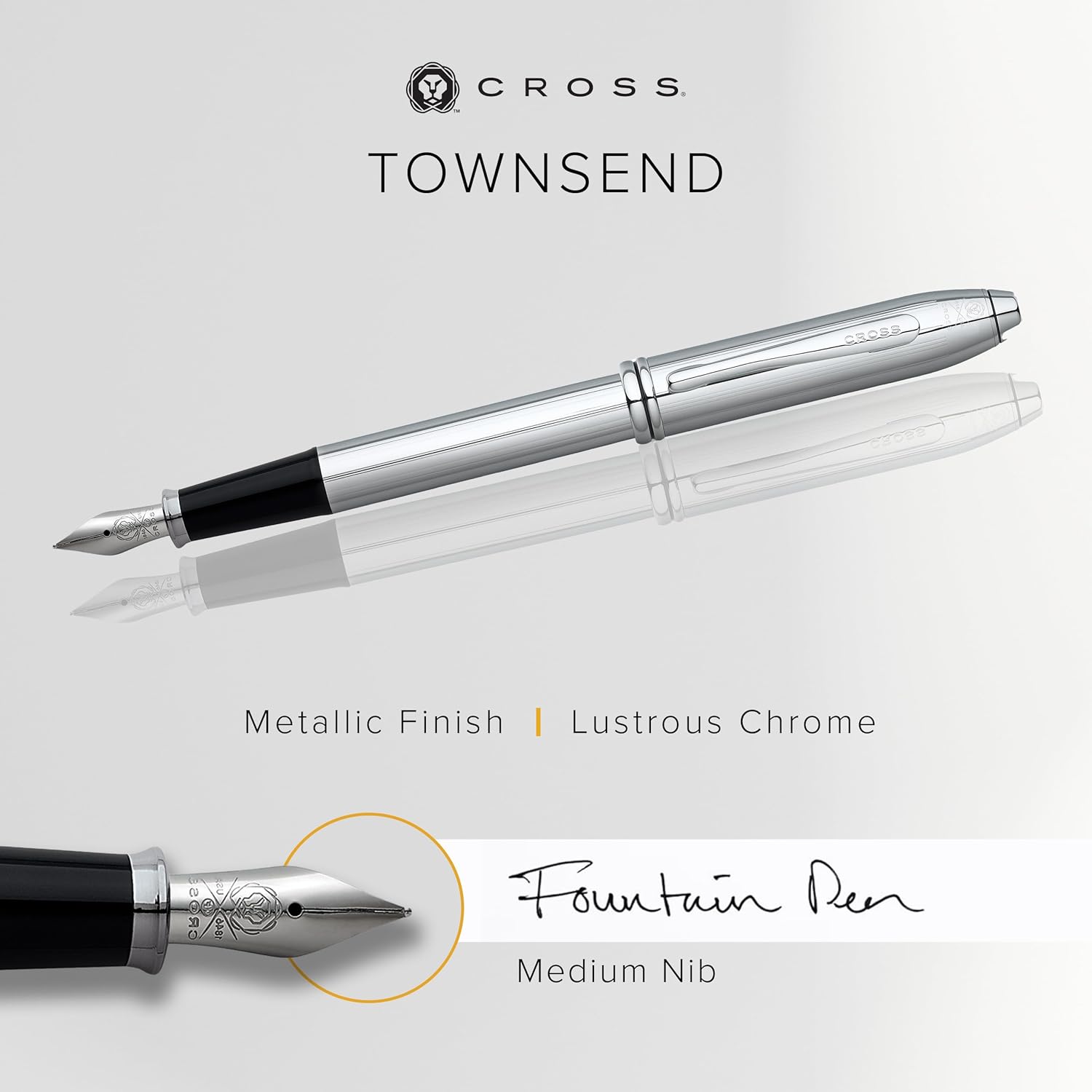CROSS Townsend Lustrous Chrome Fountain Pen with Stainless Steel Medium Nib incl. Luxury Gift Box – Refillable Cartridge Pen