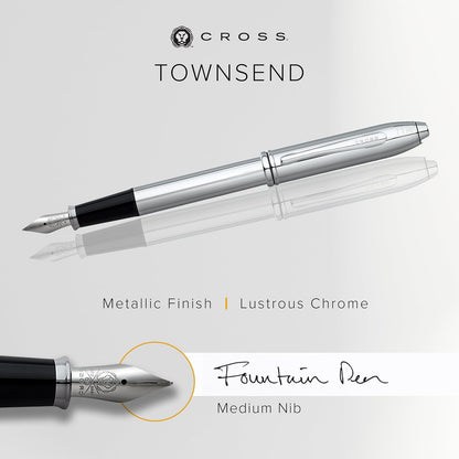 CROSS Townsend Lustrous Chrome Fountain Pen with Stainless Steel Medium Nib incl. Luxury Gift Box – Refillable Cartridge Pen
