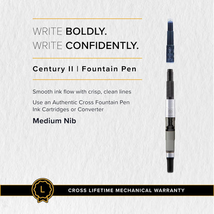 CROSS Century II Lustrous Chrome Medium Nib Fountain Pen incl Premium Gift Box – Refillable Catridge Pen