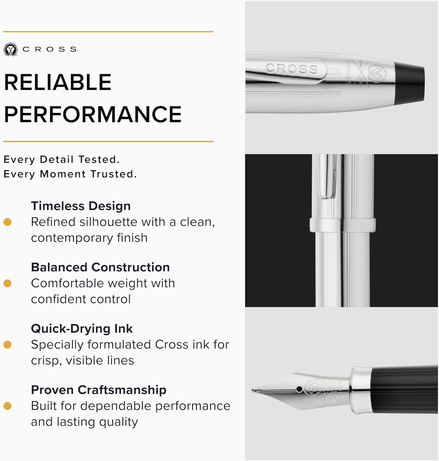 CROSS Century II Lustrous Chrome Medium Nib Fountain Pen incl Premium Gift Box – Refillable Catridge Pen