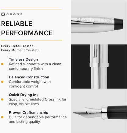 CROSS Century II Lustrous Chrome Medium Nib Fountain Pen incl Premium Gift Box – Refillable Catridge Pen