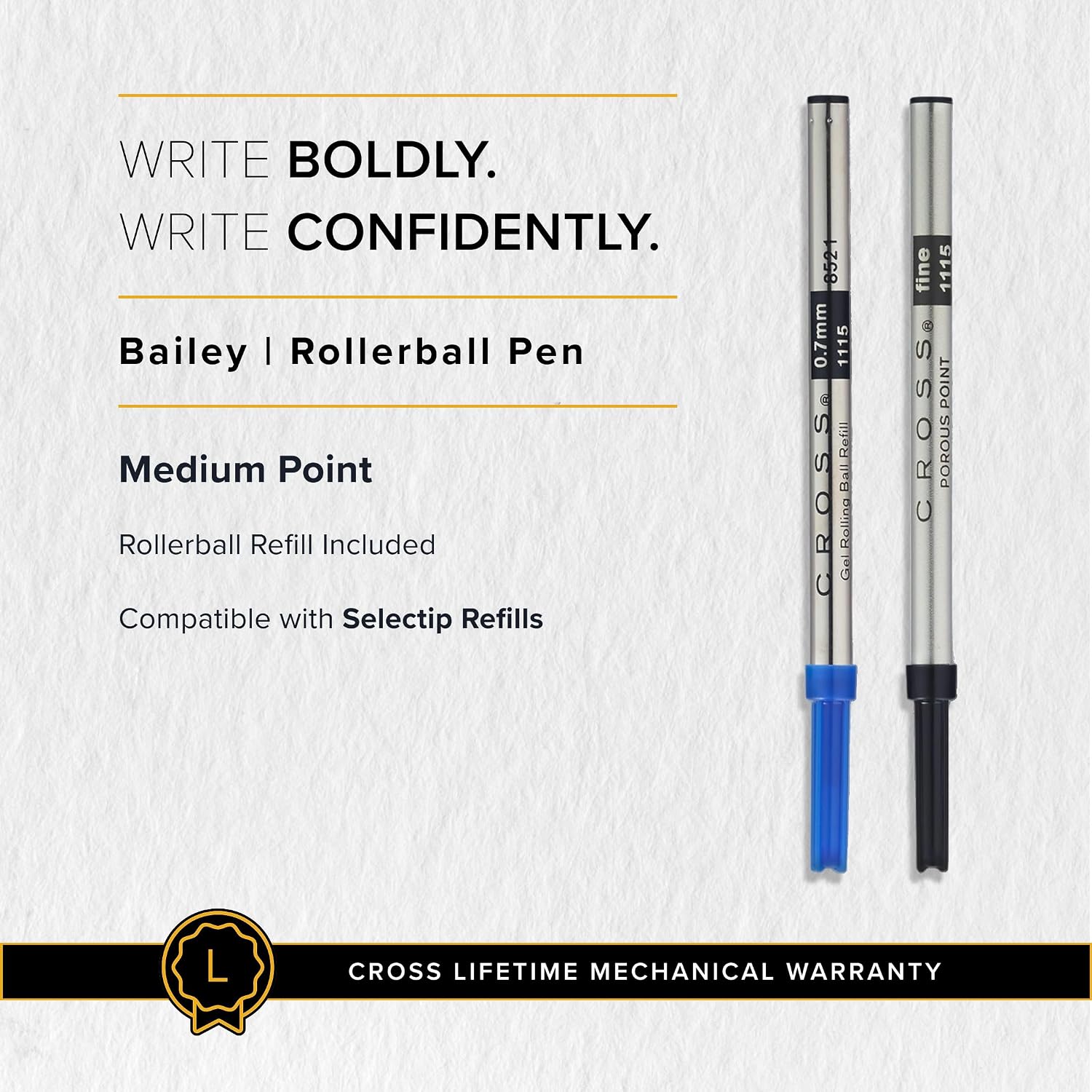 CROSS Bailey Black Lacquer Rollerball Pen with Chrome Apointments incl. Premium Gift Box / Refillable Gel Ink Rollerball Pen