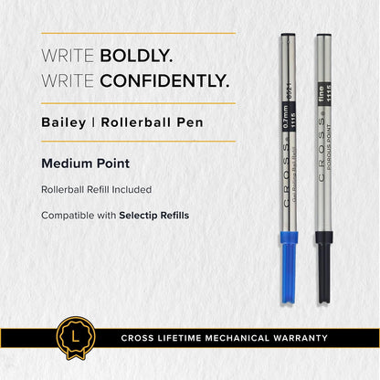 CROSS Bailey Black Lacquer Rollerball Pen with Chrome Apointments incl. Premium Gift Box / Refillable Gel Ink Rollerball Pen