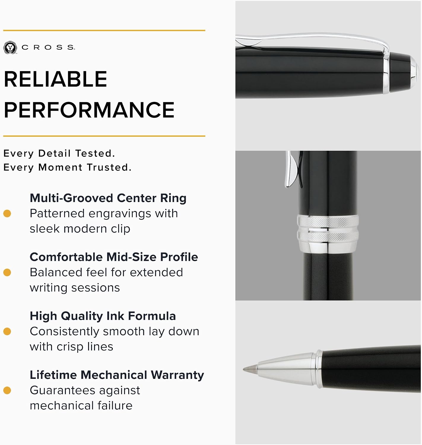 CROSS Bailey Black Lacquer Rollerball Pen with Chrome Apointments incl. Premium Gift Box / Refillable Gel Ink Rollerball Pen