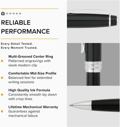 CROSS Bailey Black Lacquer Rollerball Pen with Chrome Apointments incl. Premium Gift Box / Refillable Gel Ink Rollerball Pen