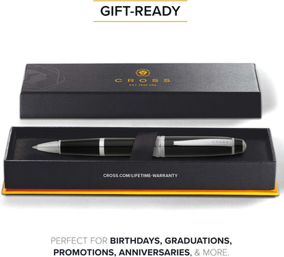 CROSS Bailey Black Lacquer Rollerball Pen with Chrome Apointments incl. Premium Gift Box / Refillable Gel Ink Rollerball Pen
