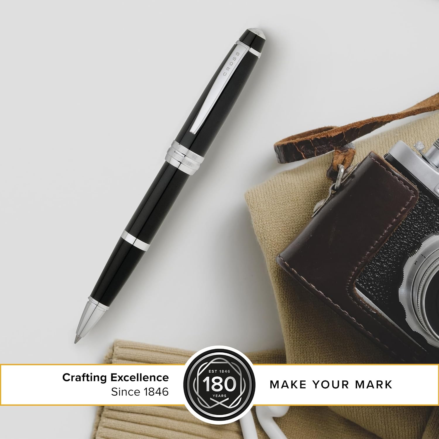CROSS Bailey Black Lacquer Rollerball Pen with Chrome Apointments incl. Premium Gift Box / Refillable Gel Ink Rollerball Pen