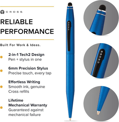 Cross Tech2 Metallic Blue Ballpoint Pen with Stylus incl. Premium Gift Box / Refillable Medium Ballpen