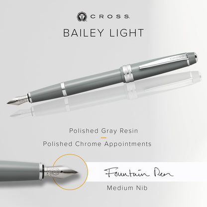 Cross Bailey Light Click-Off Cap Plastic Fountain Pen with Resin Finish, Medium Fountain, includes Premium Gift Box and Black Cartridge, 1 Pack, Polished Grey