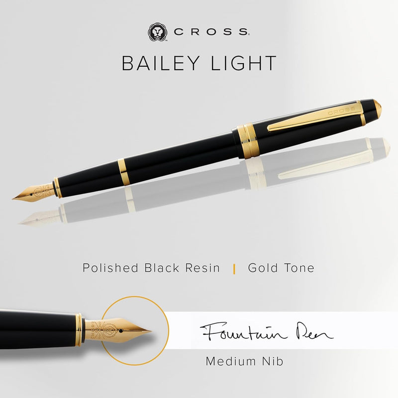Cross Bailey Light Fountain Pen - Medium Nib Size - Gift Boxed - Black Lacquer with Gold Fittings