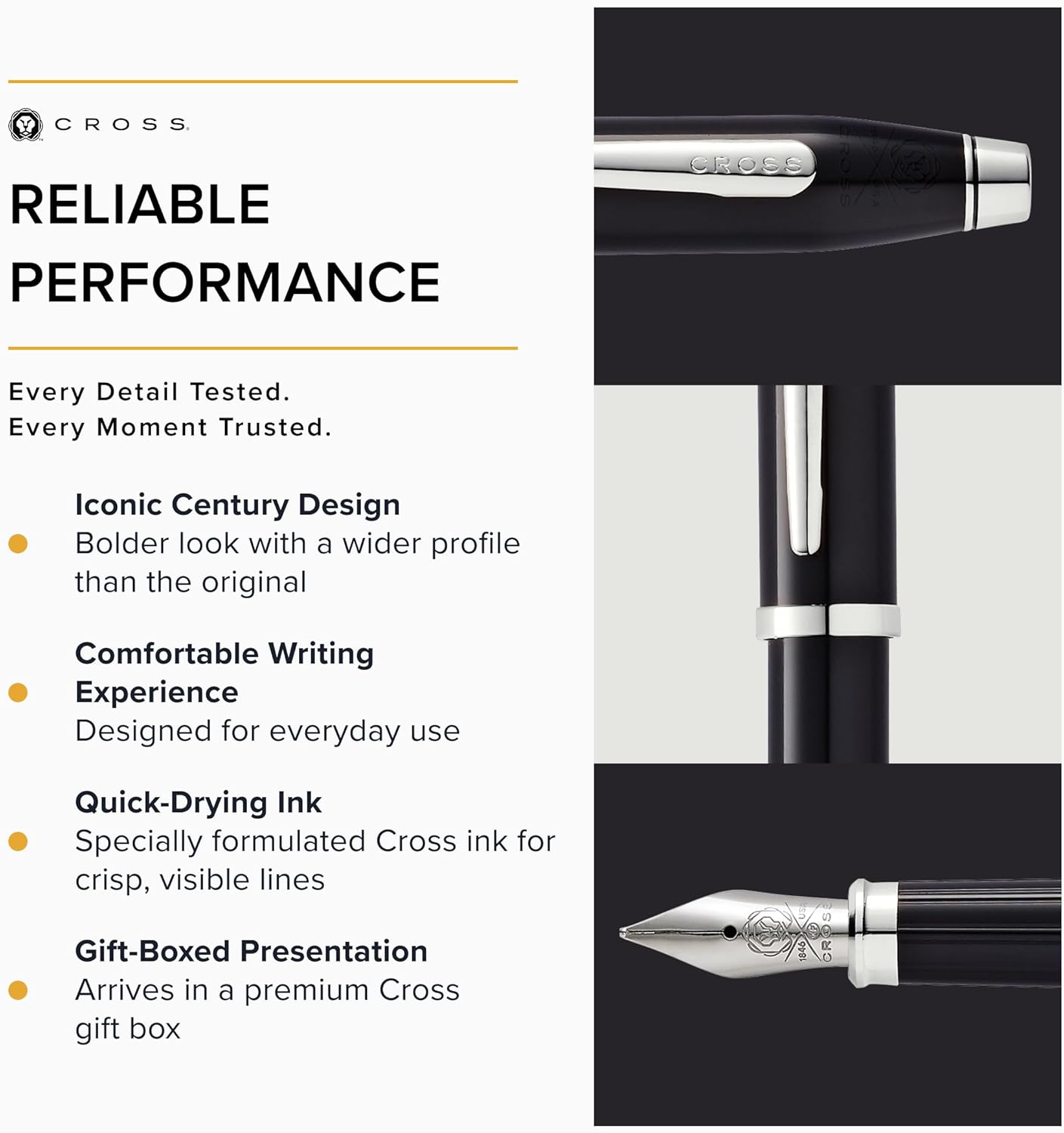 Cross Century Ii Black-Chrome Plated and Chrome Medium Nib Fountain Pen