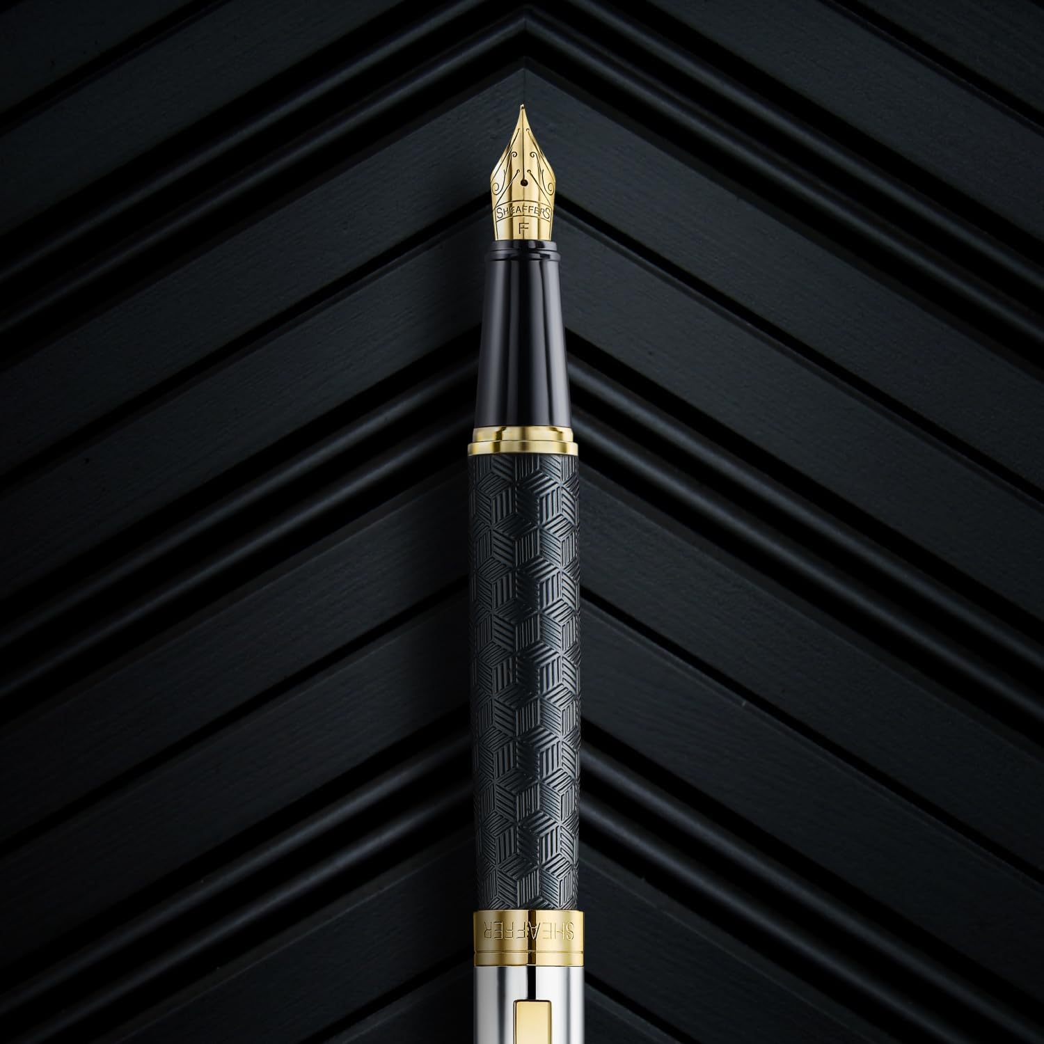 Sheaffer 300 Fountain Pen | E9347 Engraved, Matte Black Body and Shiny Chrome Cap with Gold PVD Ornaments, Fine Nib, Premium Fountain Pen