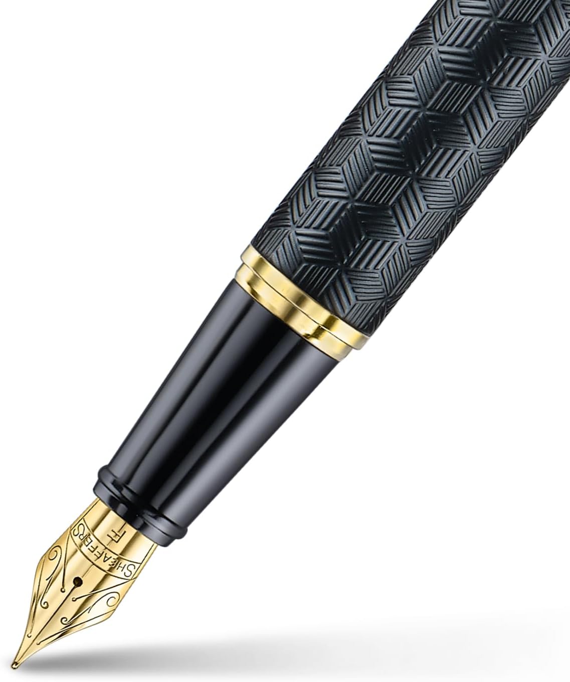 Sheaffer 300 Fountain Pen | E9347 Engraved, Matte Black Body and Shiny Chrome Cap with Gold PVD Ornaments, Fine Nib, Premium Fountain Pen