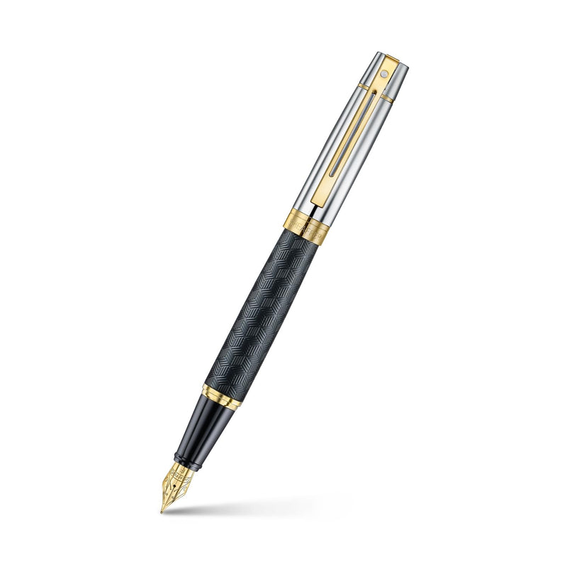Sheaffer 300 Fountain Pen | E9347 Engraved, Matte Black Body and Shiny Chrome Cap with Gold PVD Ornaments, Fine Nib, Premium Fountain Pen