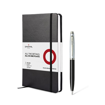 Sheaffer Gift Set 100 | G9313 Glossy Black Barrel Brushed Chrome Cap Ballpoint Pen with Medium Notebook | Premium Gift Set
