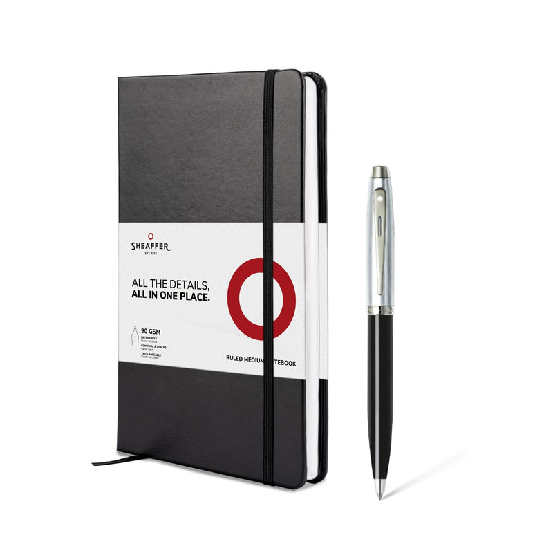 Sheaffer Gift Set 100 | G9313 Glossy Black Barrel Brushed Chrome Cap Ballpoint Pen with Medium Notebook | Premium Gift Set