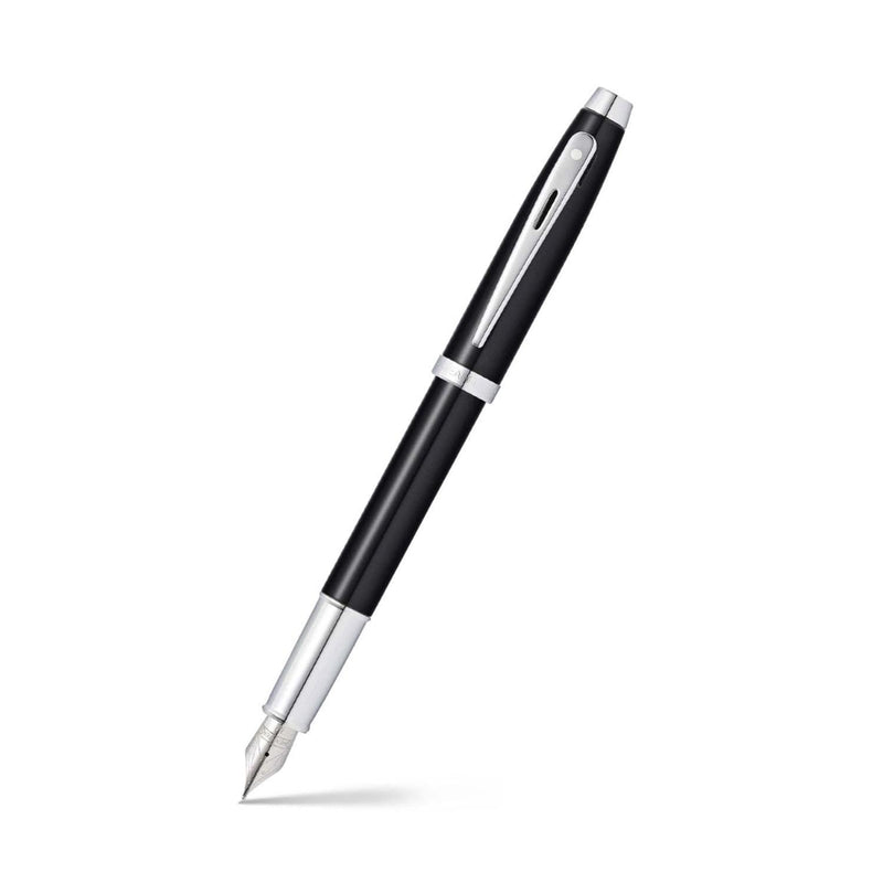 Sheaffer 100 - Refillable Fountain Pen, Medium Nib, Glossy Black Lacquer Finish, Polished Chrome Plated Trim