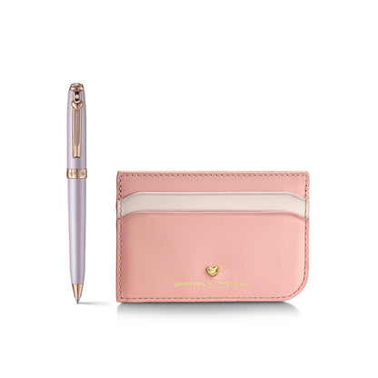Sheaffer Emily in Paris Prelude Mini 9810 Ballpoint Pen, Pastel Pink with PVD Rose Gold Trims, Heart Emblem and Crystal (Ballpoint Pen and Full-Grain Leather Credit Card Holder