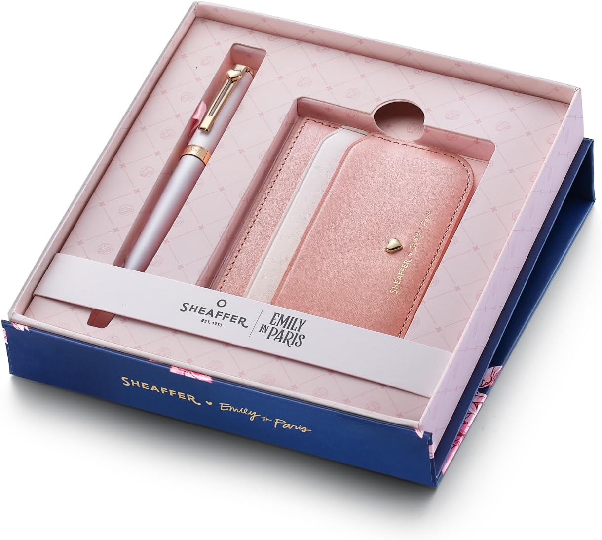 Sheaffer Emily in Paris Prelude Mini 9810 Ballpoint Pen, Pastel Pink with PVD Rose Gold Trims, Heart Emblem and Crystal (Ballpoint Pen and Full-Grain Leather Credit Card Holder