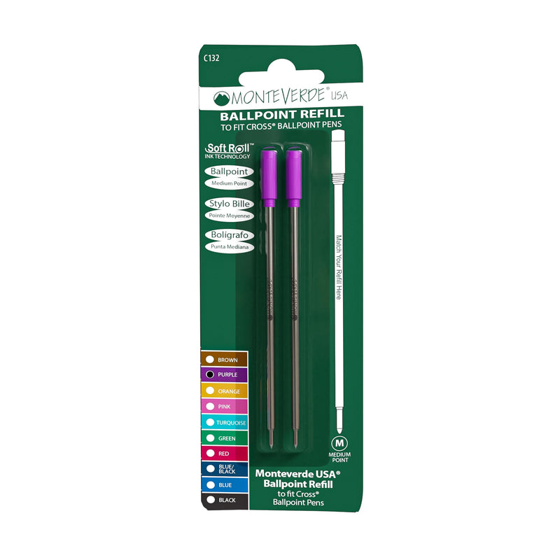 Monteverde Ballpoint Refill to Fit Cross Ballpoint Pens, Medium Point, Soft Roll, Purple, 2 per Pack (C132PL