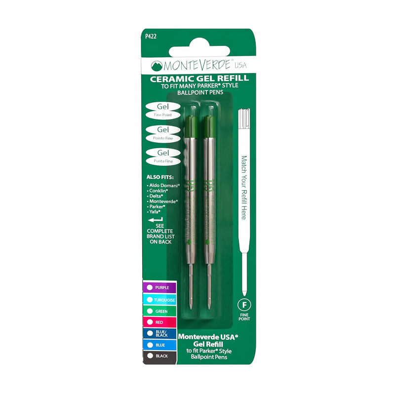 Monteverde Fine Point Capless Gel Refill for Parker Ballpoint Pens - Green (Pack of 2