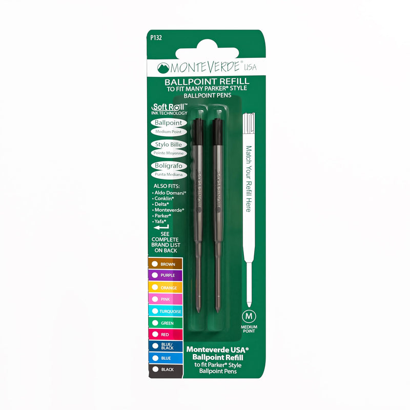 Monteverde Ballpoint Refill to Fit Parker Ballpoint Pens, Medium Point, Soft Roll, Black, 2 per Pack (P132BK