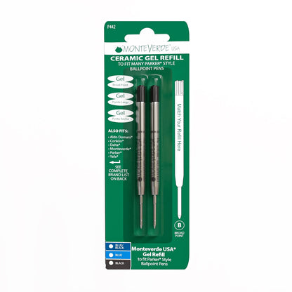 Monteverde Broad Point Capless Ceramic Gel Refill for Parker Ballpoint Pens - Black (Pack of 2