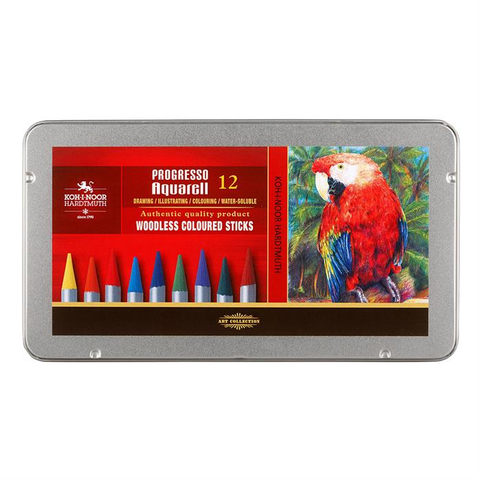 Koh I Noor set of PROGRESSO woodless aquarelle coloured pencils 8782 - tin of 12 pencils