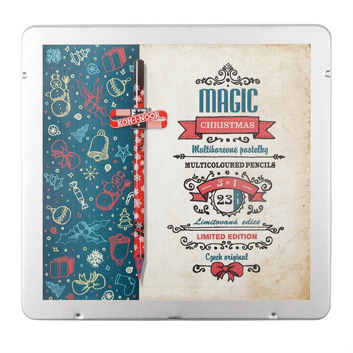 Koh I Noor set of PROGRESSO woodless coloured MAGIC pencils 8774 - tin of 24 (23+1) pencils - Xmas Design