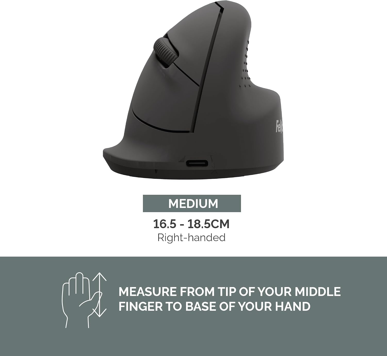 Fellowes Breyta mouse verticale ergonomico, taglia M, per destri. Bluetooth o cavo. Per laptop, PC e Mac. Materiali riciclati, batteria ricaricabile, 3 pulsanti, 800/1200/1600 DPI