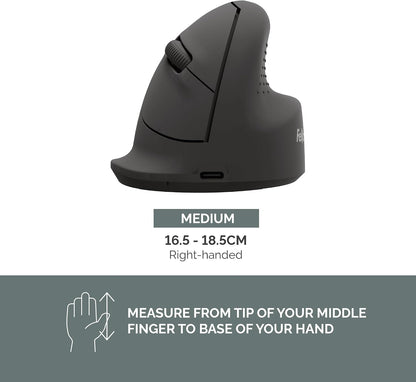 Fellowes Breyta mouse verticale ergonomico, taglia M, per destri. Bluetooth o cavo. Per laptop, PC e Mac. Materiali riciclati, batteria ricaricabile, 3 pulsanti, 800/1200/1600 DPI