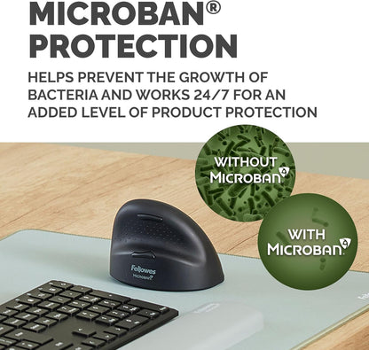 Fellowes Breyta Plus Ergonomic Vertical Mouse Medium Right Handed - Bluetooth wireless technology, wireless dongle or wired, recycled content, Microban anti-microbial protection, rechargeable battery