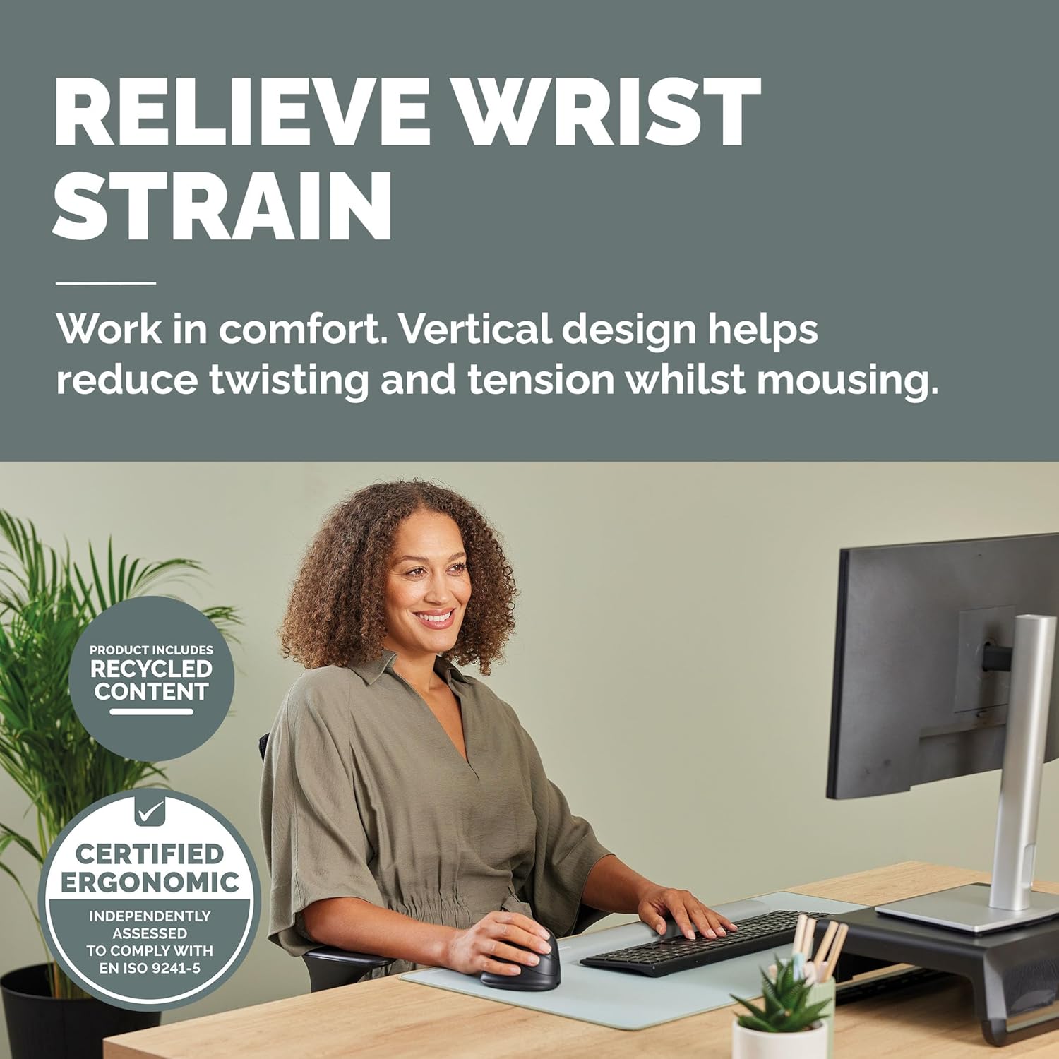 Fellowes Breyta Plus Ergonomic Vertical Mouse Medium Right Handed - Bluetooth wireless technology, wireless dongle or wired, recycled content, Microban anti-microbial protection, rechargeable battery
