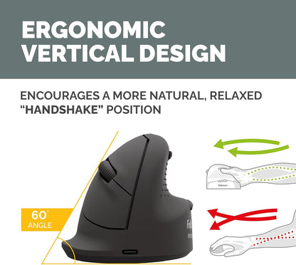 Fellowes Breyta Plus Ergonomic Vertical Mouse Medium Right Handed - Bluetooth wireless technology, wireless dongle or wired, recycled content, Microban anti-microbial protection, rechargeable battery