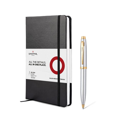 Sheaffer Gift Set 100 | G9340 Bright Chrome with Gold Tone Trim Ballpoint Pen with Medium Notebook | Premium Gift Set