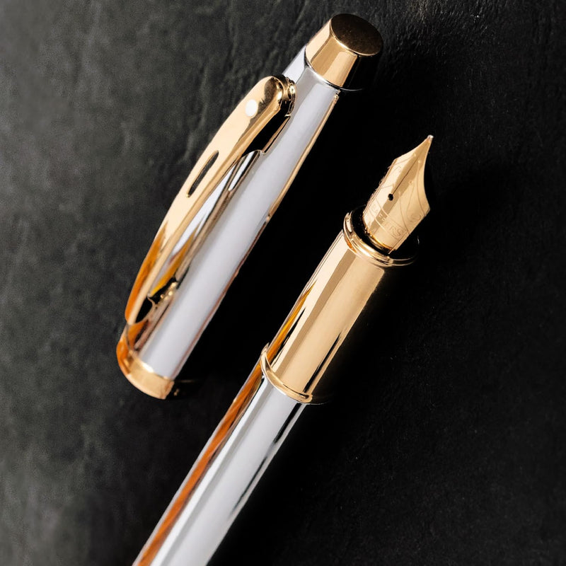 Sheaffer 100 - Refillable fountain pen, medium nib, Chrome w/Gold finish, gold tone trim