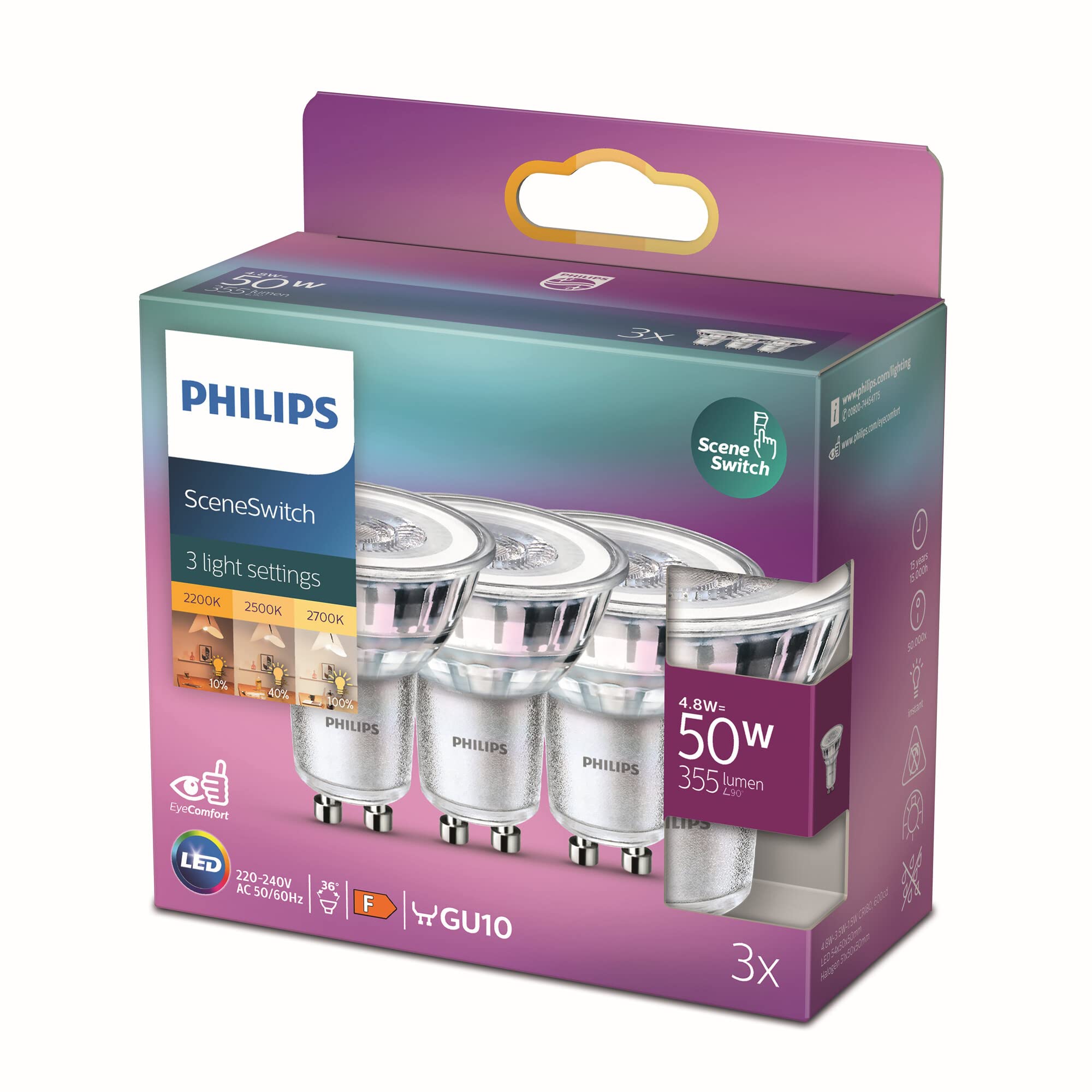 Philips Led Spot Sceneswitch - 50 W - Gu10 - Warmwit Licht - 3 Stuks