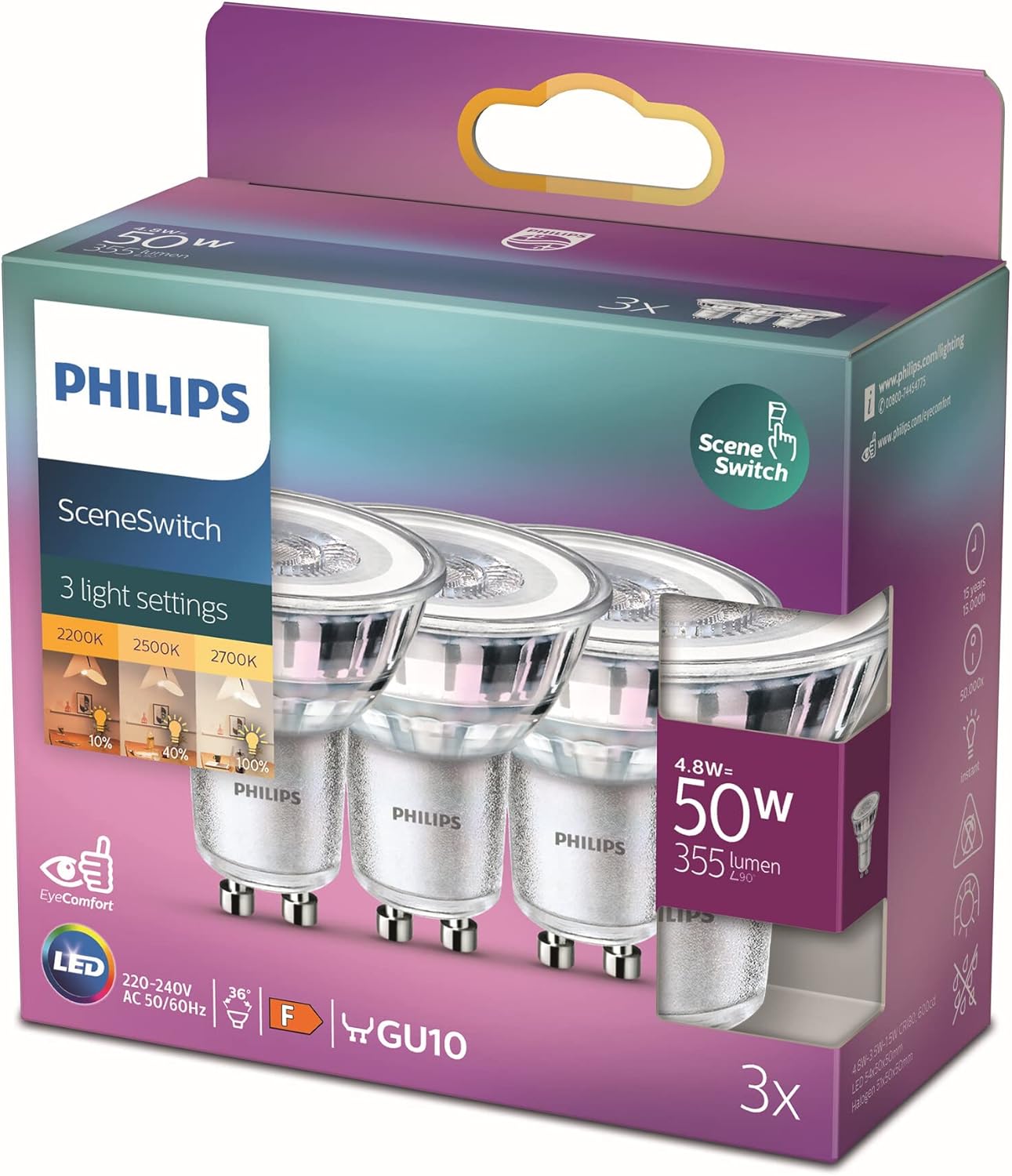 Philips Led Spot Sceneswitch - 50 W - Gu10 - Warmwit Licht - 3 Stuks
