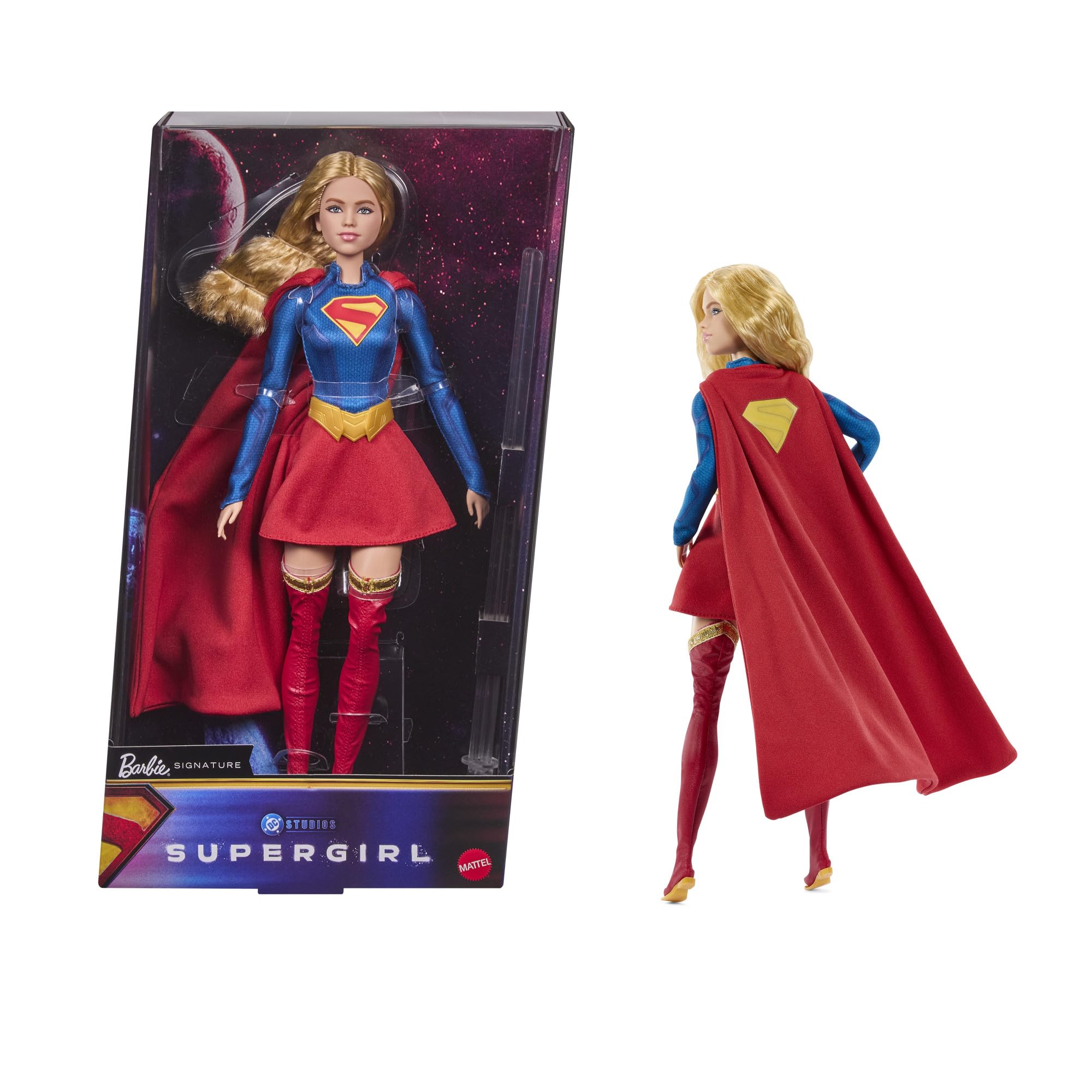 Barbie Signature DC Supergirl Fashion Doll, Blonde with Super Hero Costume & Cape, Collector Doll in Displayable Packaging & Doll Stand, JJY04