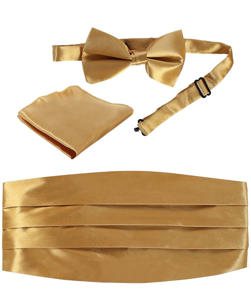 Gioberti Men's Adjustable Satin And Paisley Cummerbund Set With Formal Bow Tie and Pocket Square - gold - One size