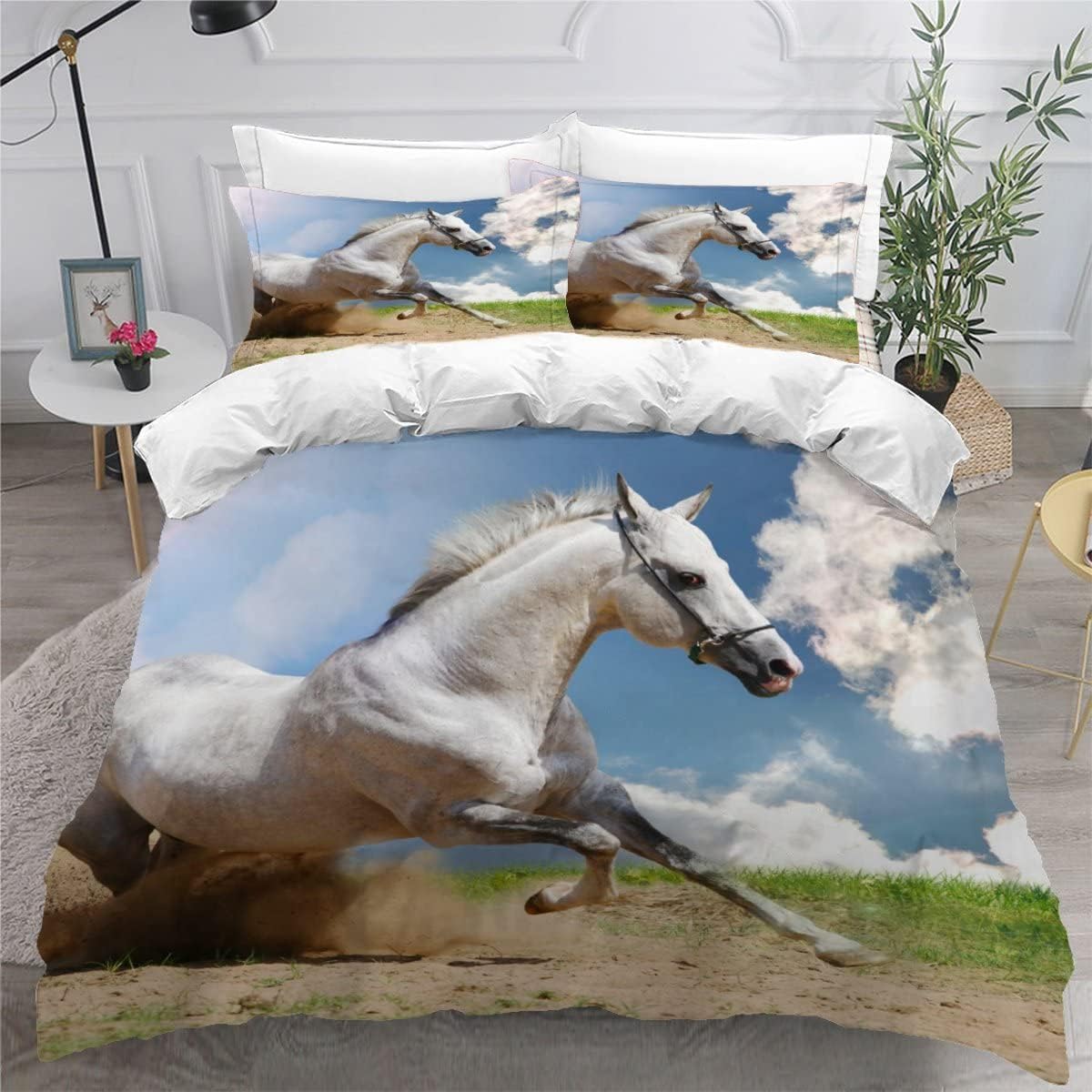 Duvet Cover Double Horse 3D Printed Quilt Cover Colorful Duvet Cover Set 3 Pieces White Animals Soft Comfortable Bedclothes with Zipper Closure and Pillowcase for Teen Adult