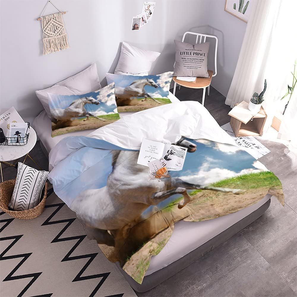 Duvet Cover Double Horse 3D Printed Quilt Cover Colorful Duvet Cover Set 3 Pieces White Animals Soft Comfortable Bedclothes with Zipper Closure and Pillowcase for Teen Adult