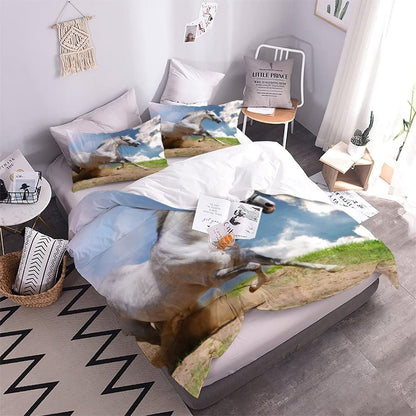 Duvet Cover Double Horse 3D Printed Quilt Cover Colorful Duvet Cover Set 3 Pieces White Animals Soft Comfortable Bedclothes with Zipper Closure and Pillowcase for Teen Adult
