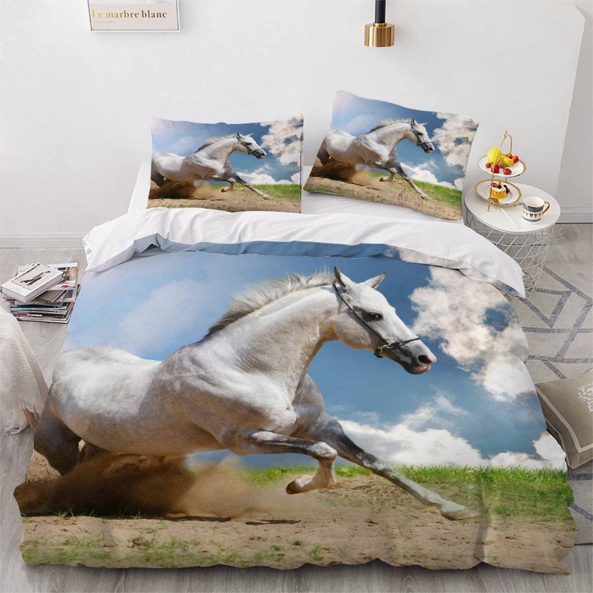 Duvet Cover Double Horse 3D Printed Quilt Cover Colorful Duvet Cover Set 3 Pieces White Animals Soft Comfortable Bedclothes with Zipper Closure and Pillowcase for Teen Adult