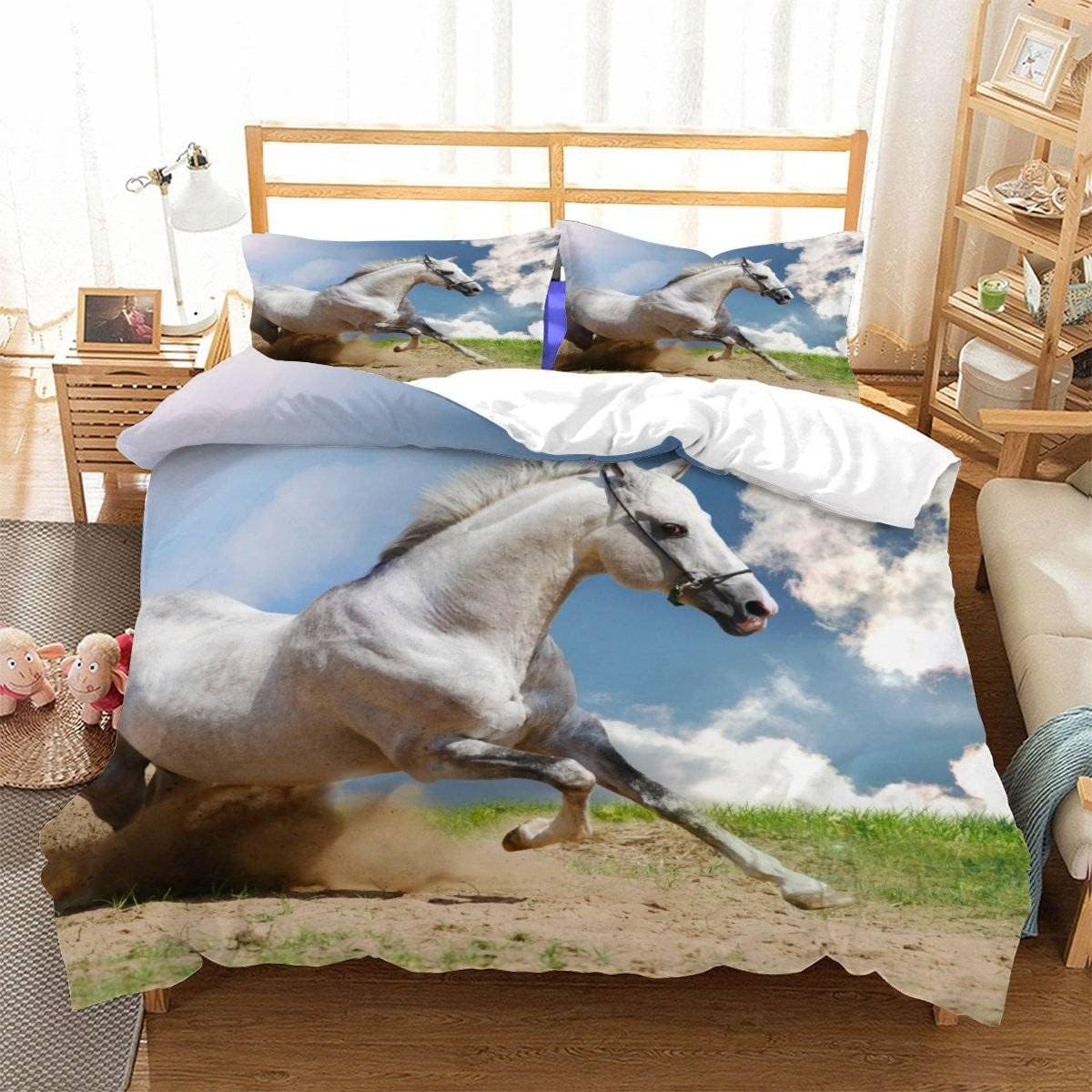Duvet Cover Double Horse 3D Printed Quilt Cover Colorful Duvet Cover Set 3 Pieces White Animals Soft Comfortable Bedclothes with Zipper Closure and Pillowcase for Teen Adult