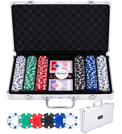 Engelhart - 320910 - Pokerset zilverkleurige koffer, 300 chips 11,5g zonder nummers, 2 kaartspellen, 3 dealerknoppen, 5 dobbelstenen