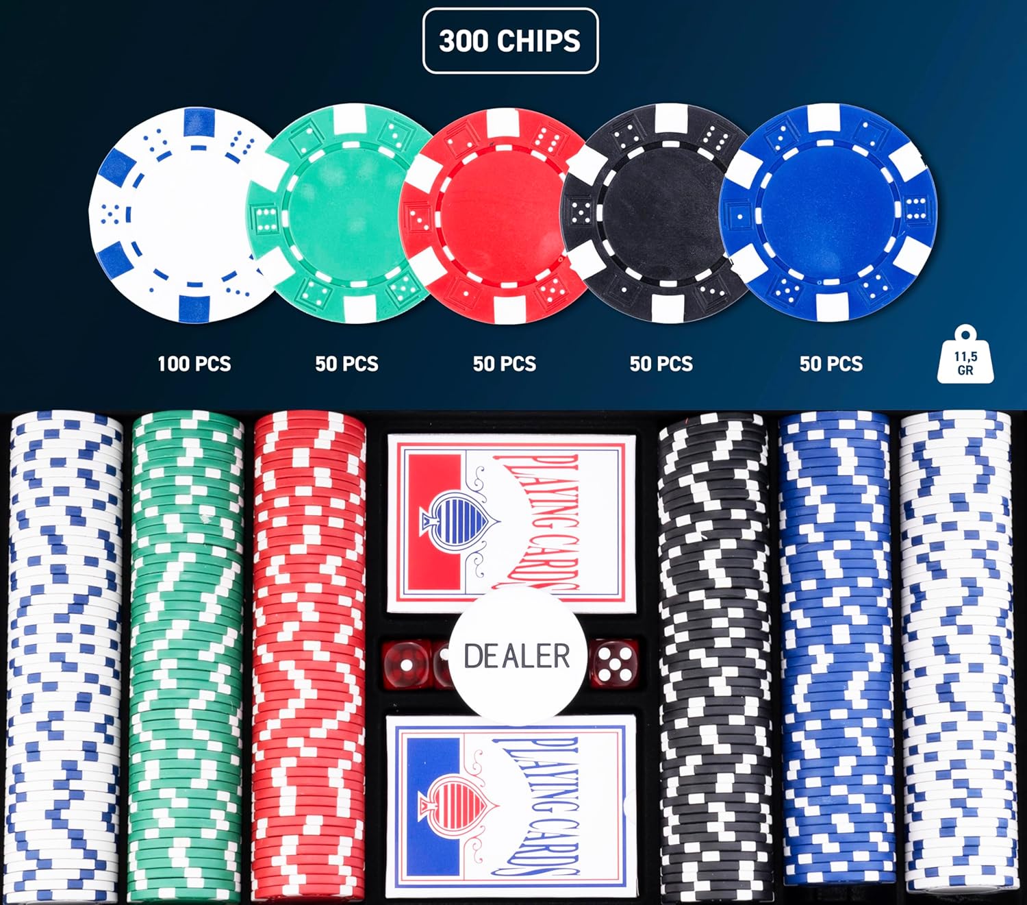 Engelhart - 320910 - Pokerset zilverkleurige koffer, 300 chips 11,5g zonder nummers, 2 kaartspellen, 3 dealerknoppen, 5 dobbelstenen
