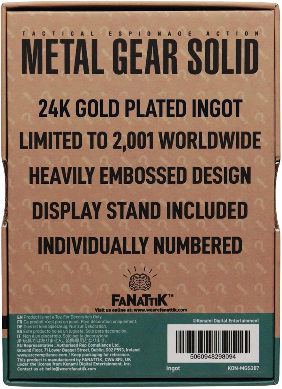 FaNaTtik Metal Gear Solid - Lingotto a serpente placcato oro 24 carati, con licenza ufficiale ed edizione limitata (2.001 in tutto il mondo) con numerazione individuale