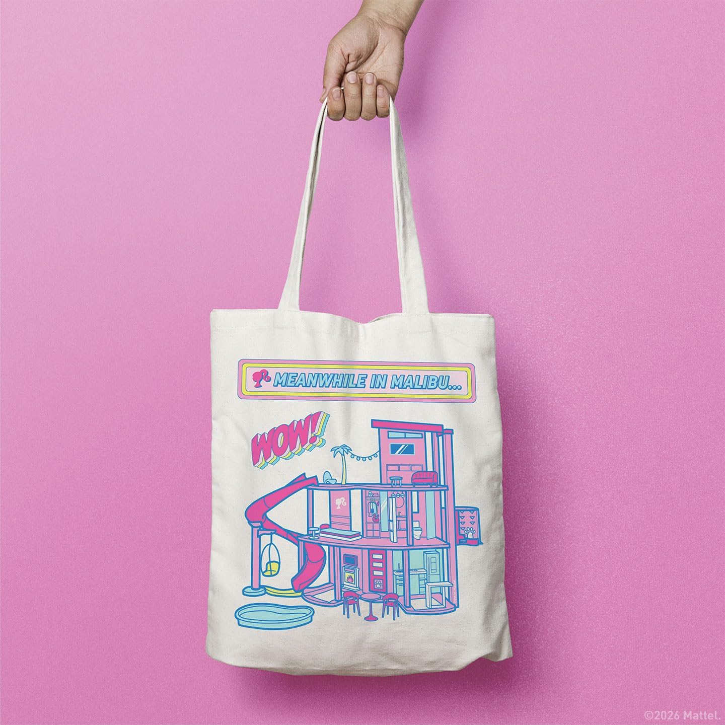 FaNaTtik Barbie Malibu DreamHouse Tragetasche – Offizielle wiederverwendbare Einkaufstasche aus 100 % Baumwolle mit gedrucktem Design, 400 × 400 mm | Wiederverwendbar